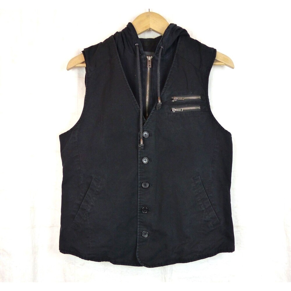 GUESS Hooded Vest Mens M Black Zip Button Cotton Waistcoat Goth Punk Emo  Y2K